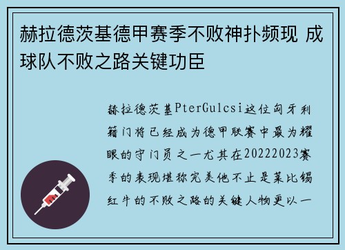 赫拉德茨基德甲赛季不败神扑频现 成球队不败之路关键功臣