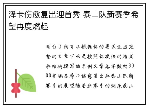 泽卡伤愈复出迎首秀 泰山队新赛季希望再度燃起